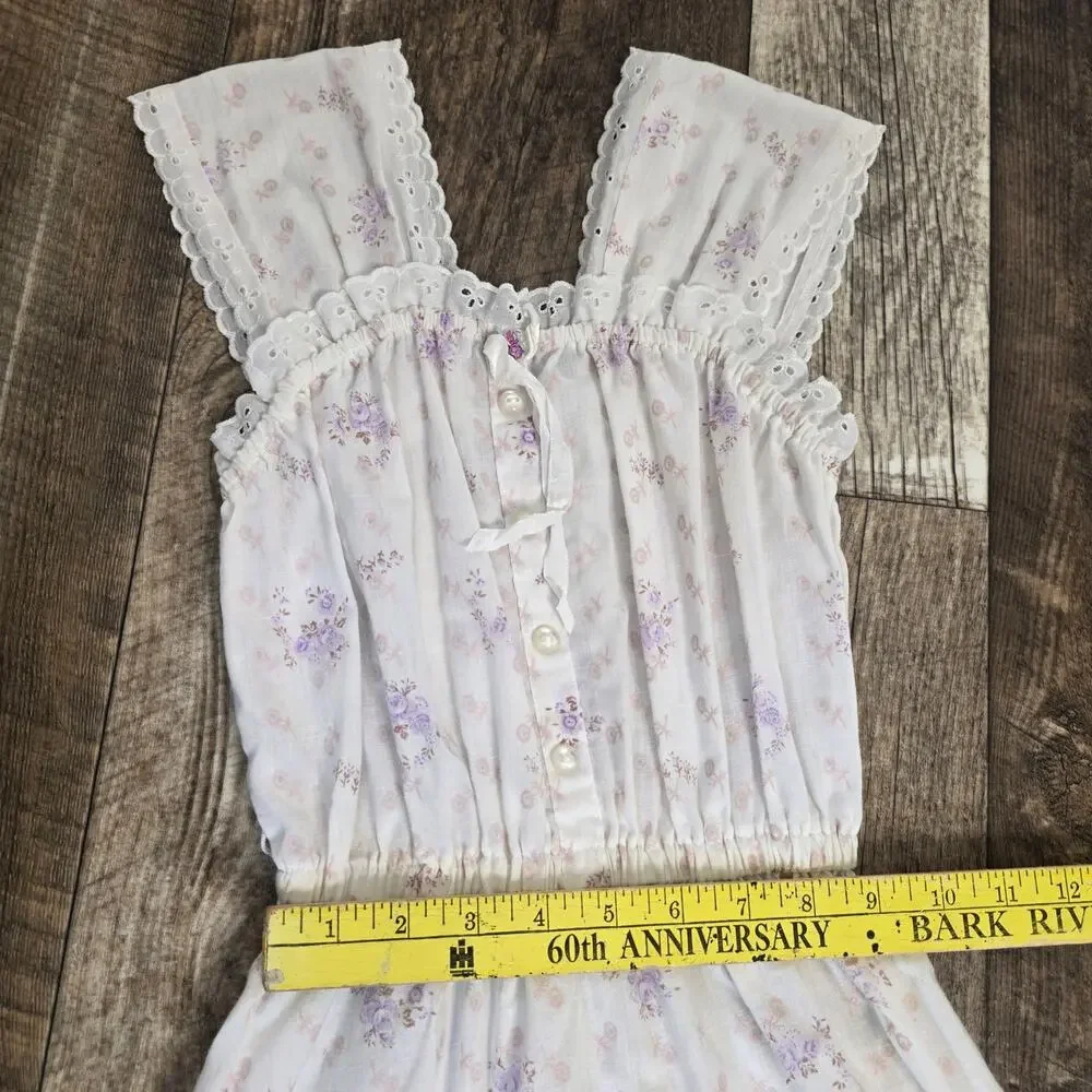 Vintage Girls Floral Prairie Midi Dress Eyelet Cottagecore Lavender Lace Size 7